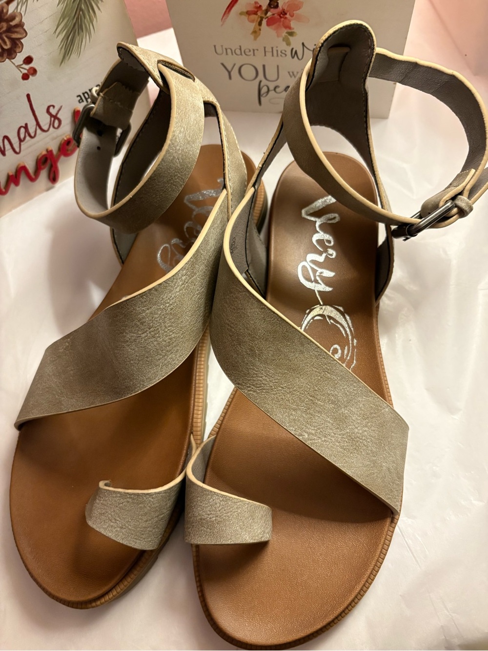 Very G Metallic Taupe Cross-Strap Ankle Sandals
